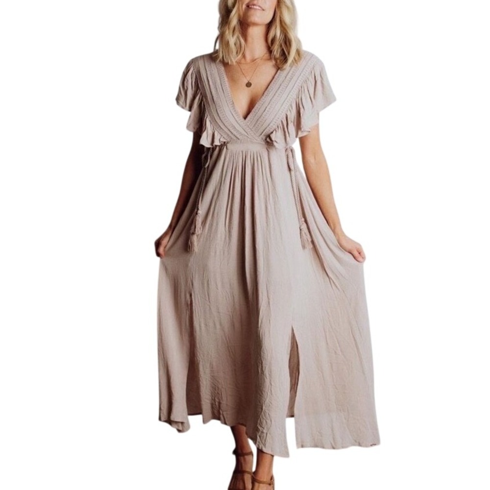 Baltic Born Jennifer Deep V Maxi Dress Sand Beige Ruffle Boho Wedding Guest M
